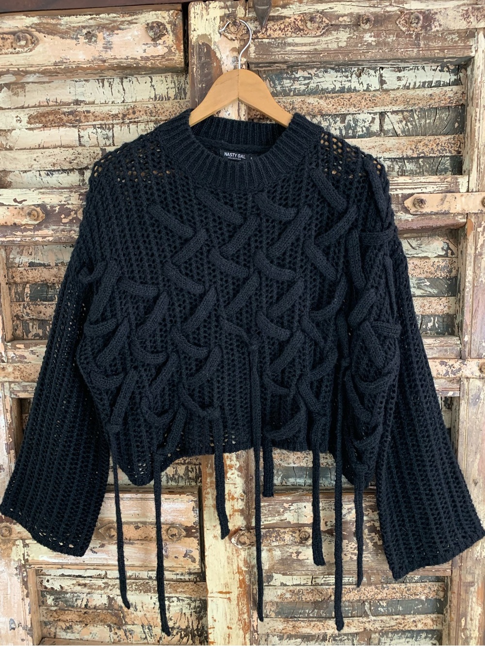 Nasty Gal Black Chunky Cable Ribbon Fringe Sweater, Dark Cottagecore Grunge, S